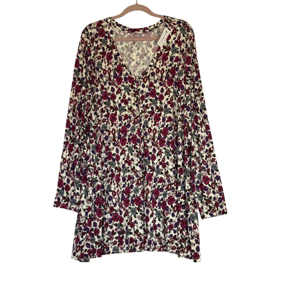 Lane Bryant Women 26/28 Floral V-Neck Long Sleeve Tunic Top Purple Magenta Cream